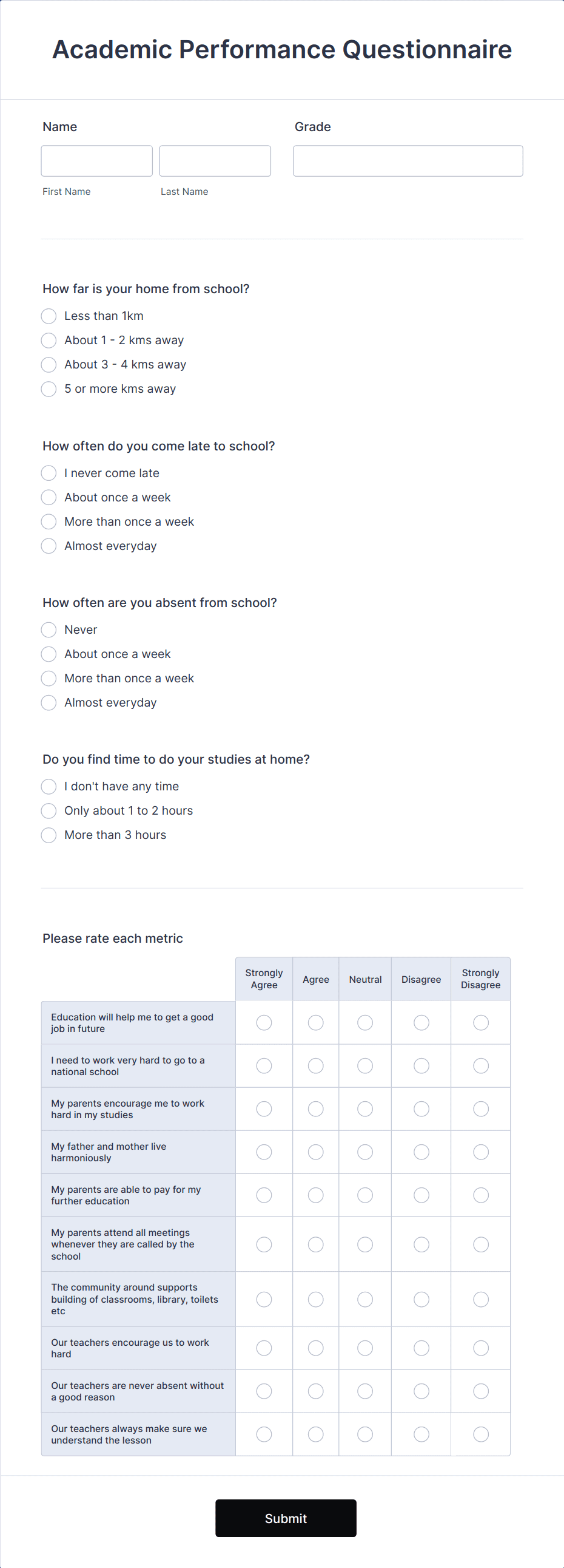 Academic Performance Questionnaire Form Template | Jotform