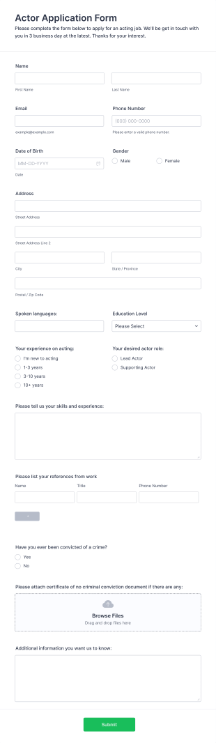 Actor Application Form Template