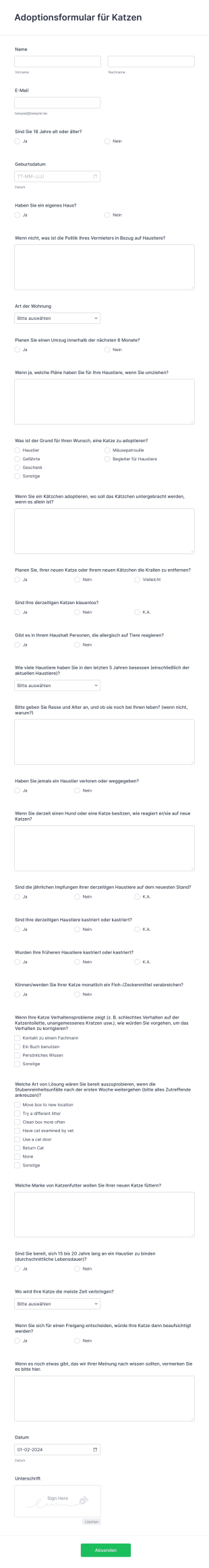 Adoptionsformular Für Katzen Form Template