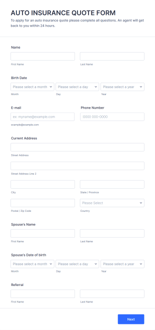 Auto Insurance Quote Form Template