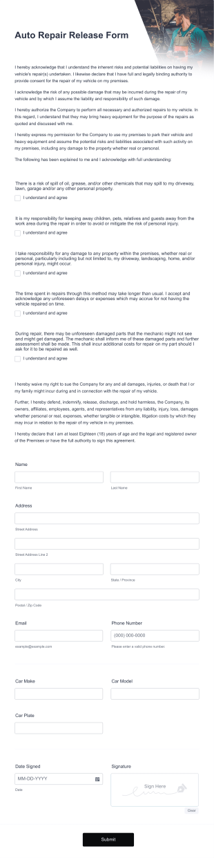 Auto Repair Release Form Template
