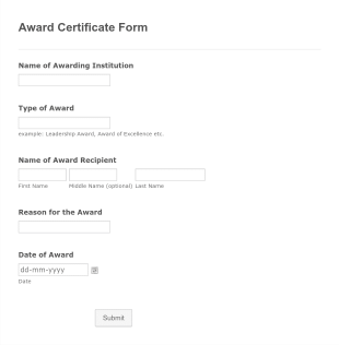 Award Certificate Form Template
