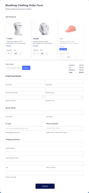 BlueSnap Clothing Order Form Template