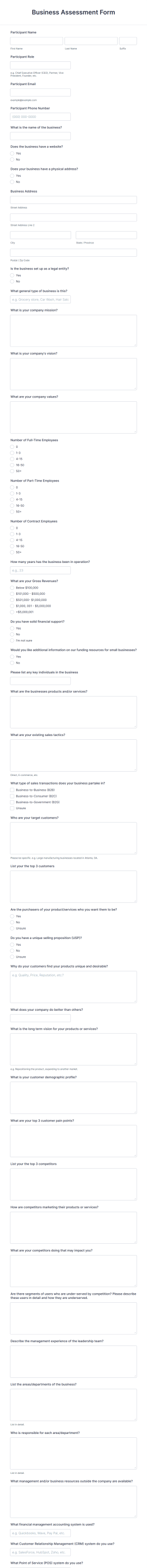 Business Client Assessment Form Template