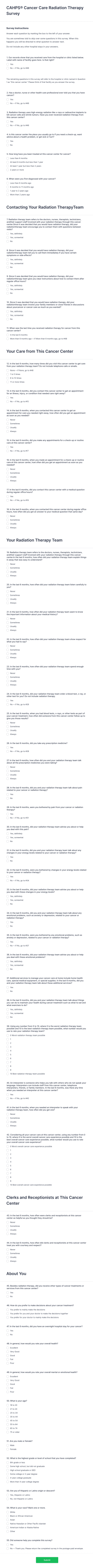 CAHPS Cancer Care Radiation Therapy Survey Form Template