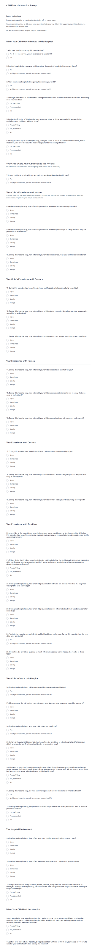 CAHPS Child Hospital Survey Form Template