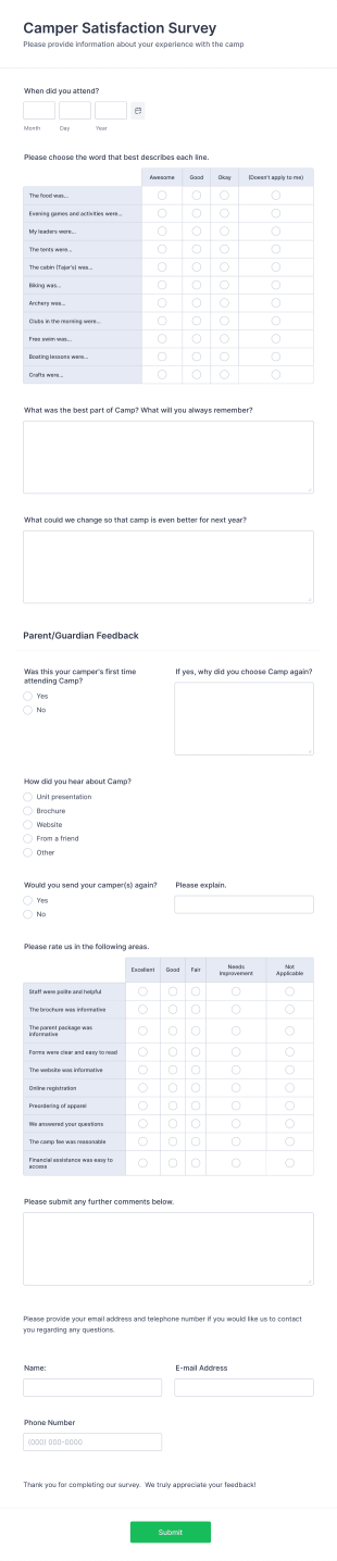 Camper Satisfaction Survey Form Template