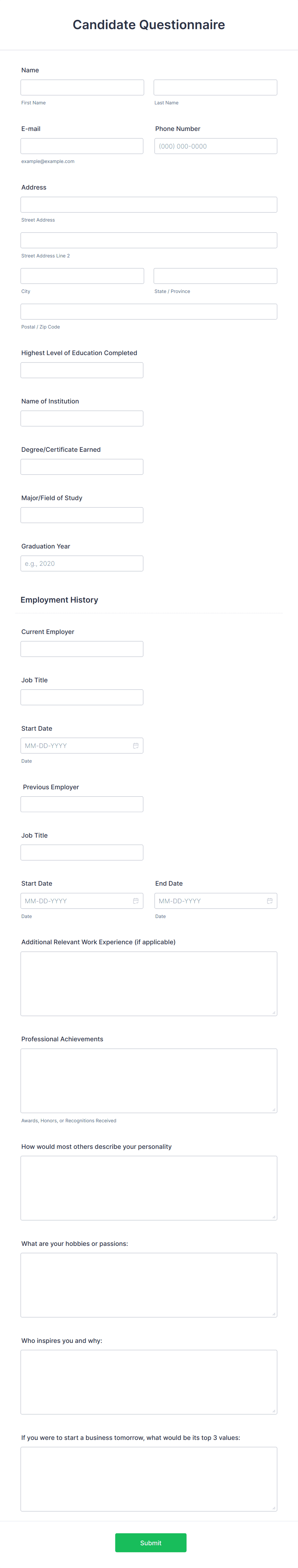 Candidate Questionnaire Form Template | Jotform