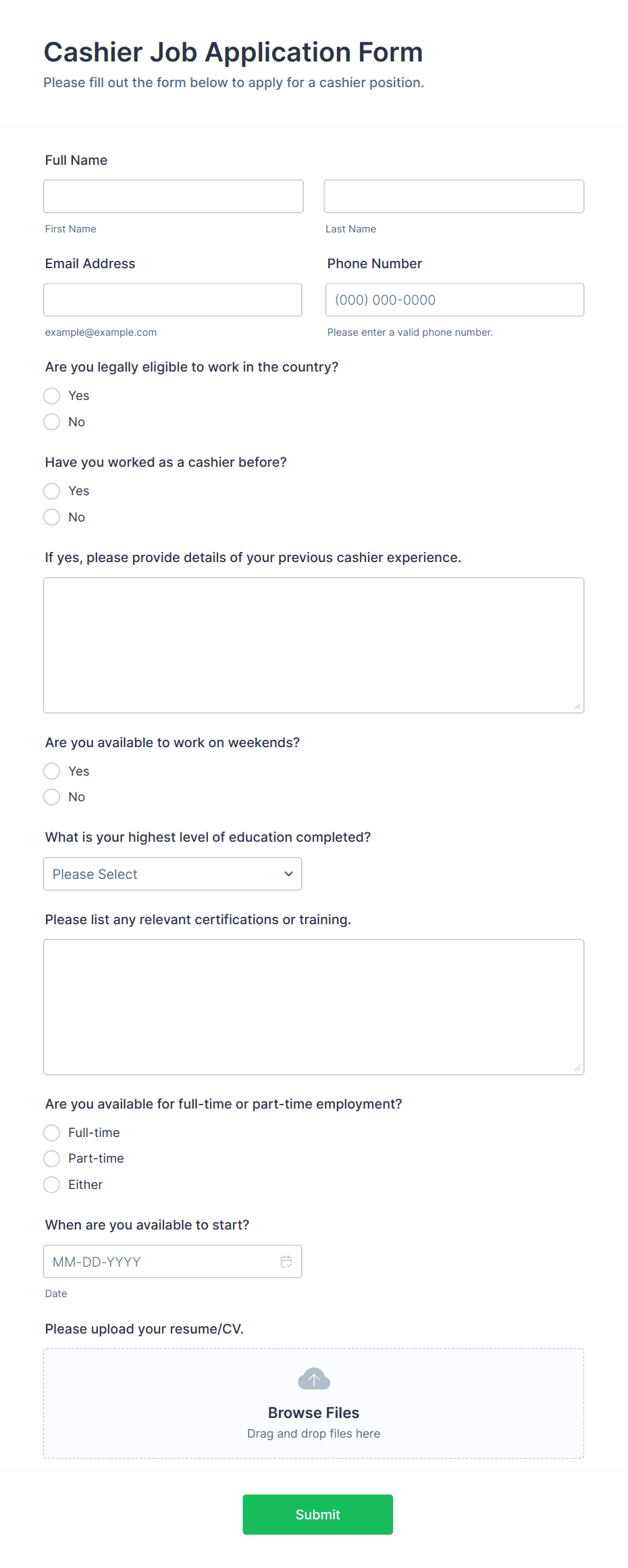 Cashier Job Application Form Template | Jotform