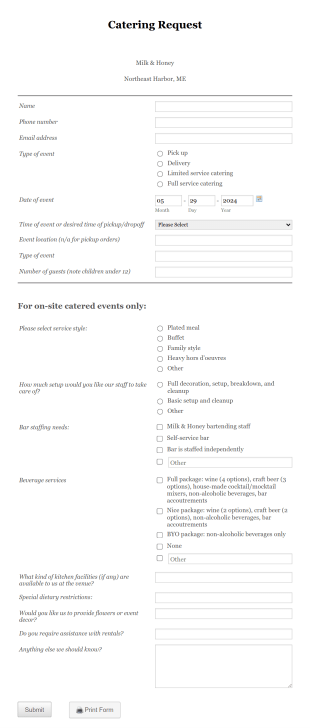 Catering Request Form Milk & Honey Form Template
