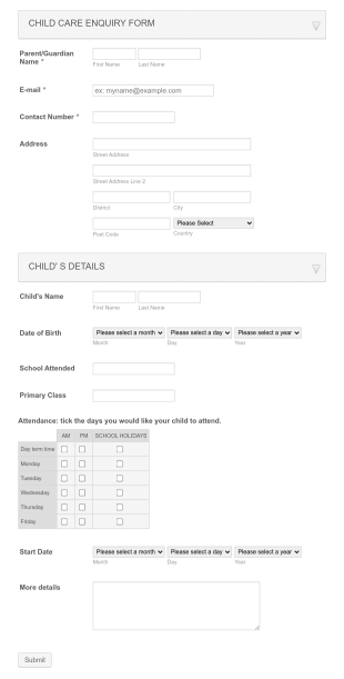 Child Care Inquiry Form Template
