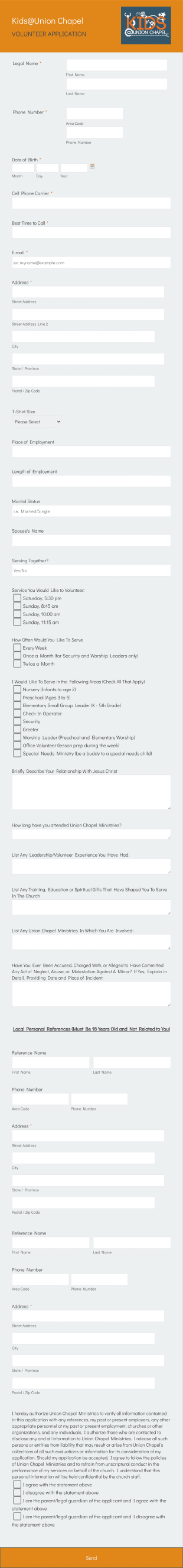 Children's Ministry Volunteer Application Form Template