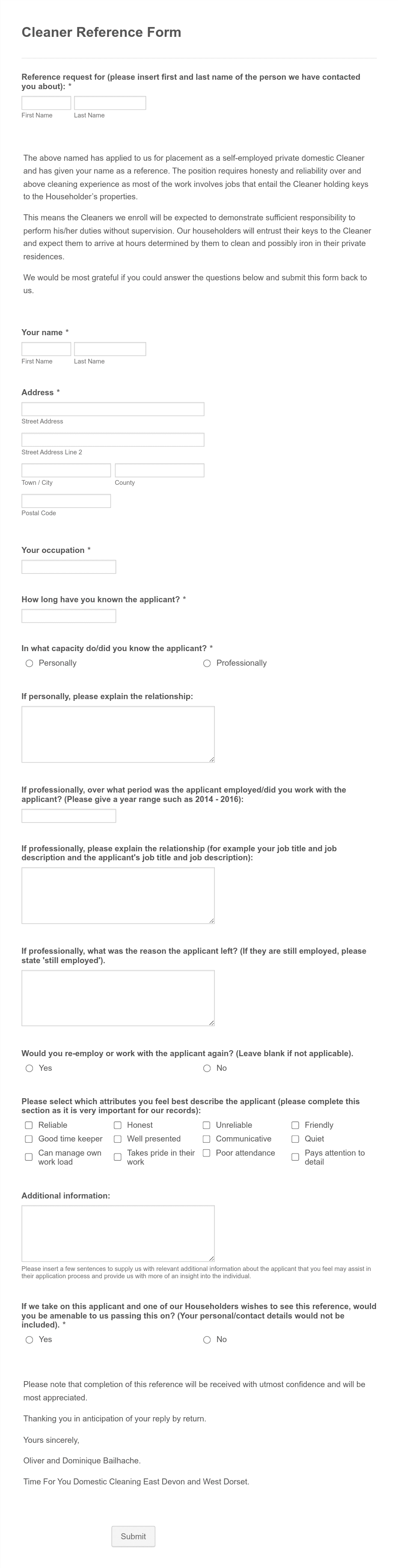 Cleaner Reference Form Template | Jotform