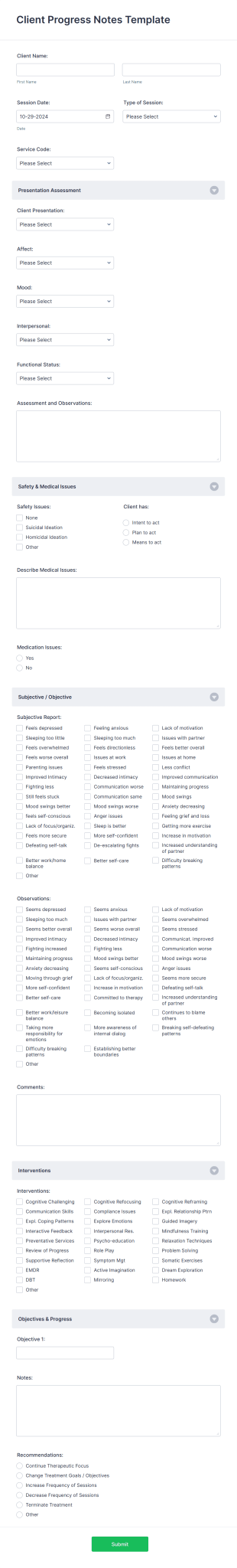 Client Progress Notes Template Form Template