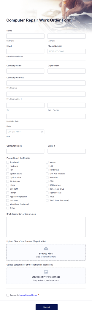 Computer Repair Work Order Form Template