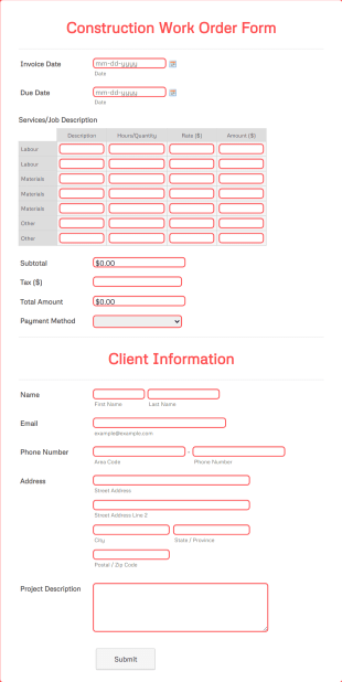 Construction Work Order Form Template