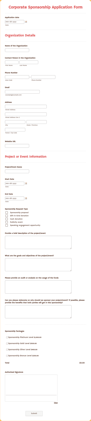 Corporate Sponsorship Application Form Template