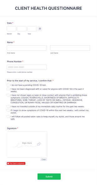 COVID 19 Client Health Questionnaire Form Template