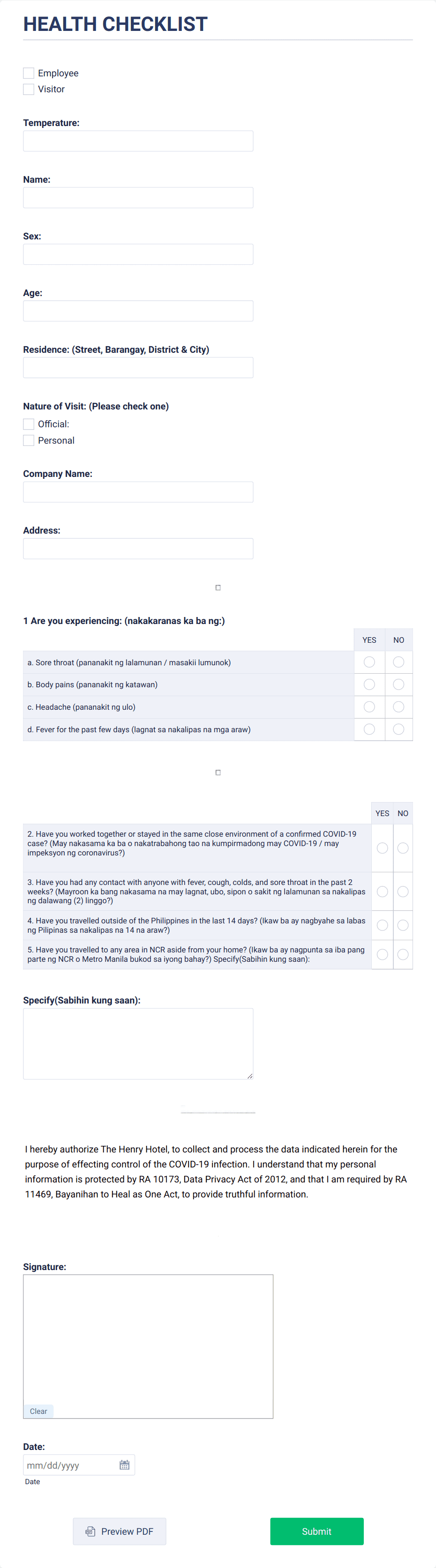 Covid-19 Health Checklist Form Template | Jotform