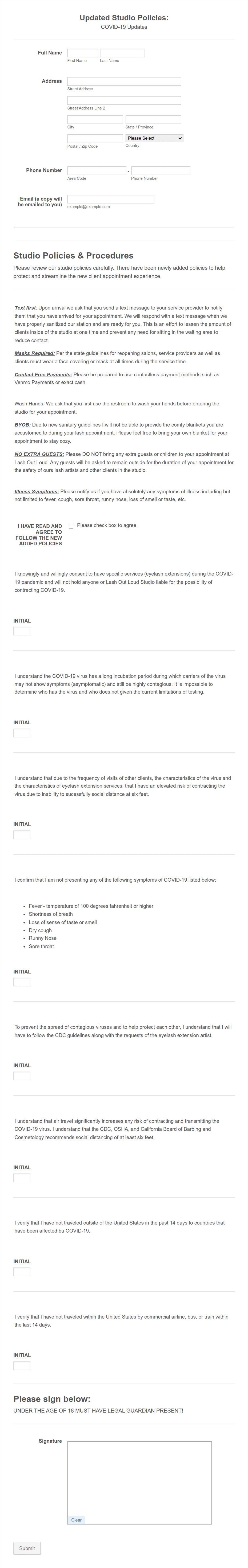 COVID-19 Studio Consent Form Template | Jotform