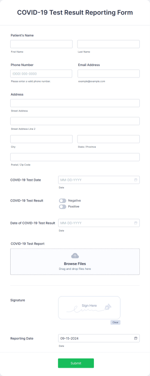 COVID 19 Test Result Reporting Form Template