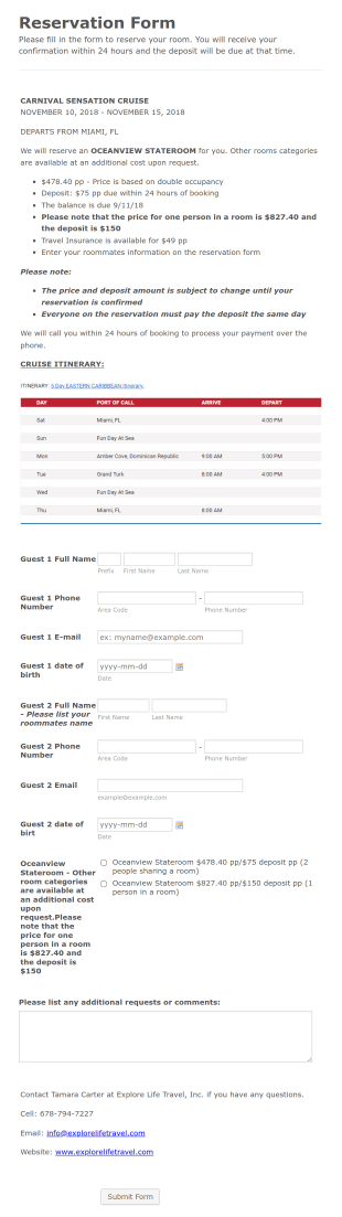 Cruise Booking Form Template