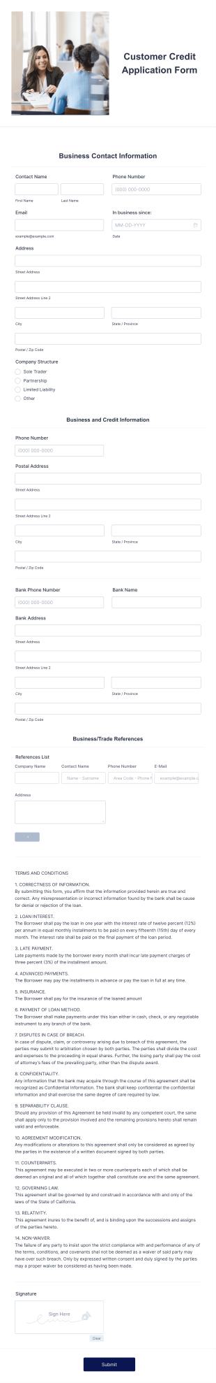 Customer Credit Application Form Template