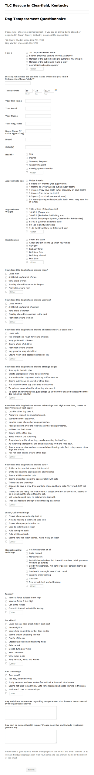 Dog Temperament Questionnaire Form Template