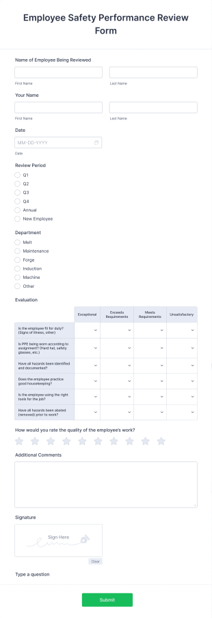 Employee Safety Performance Review Form Template | Jotform