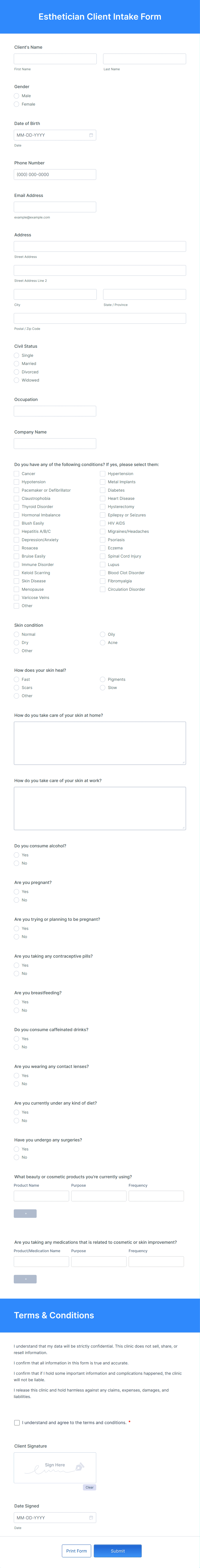 Esthetician Client Intake Form Template | Jotform
