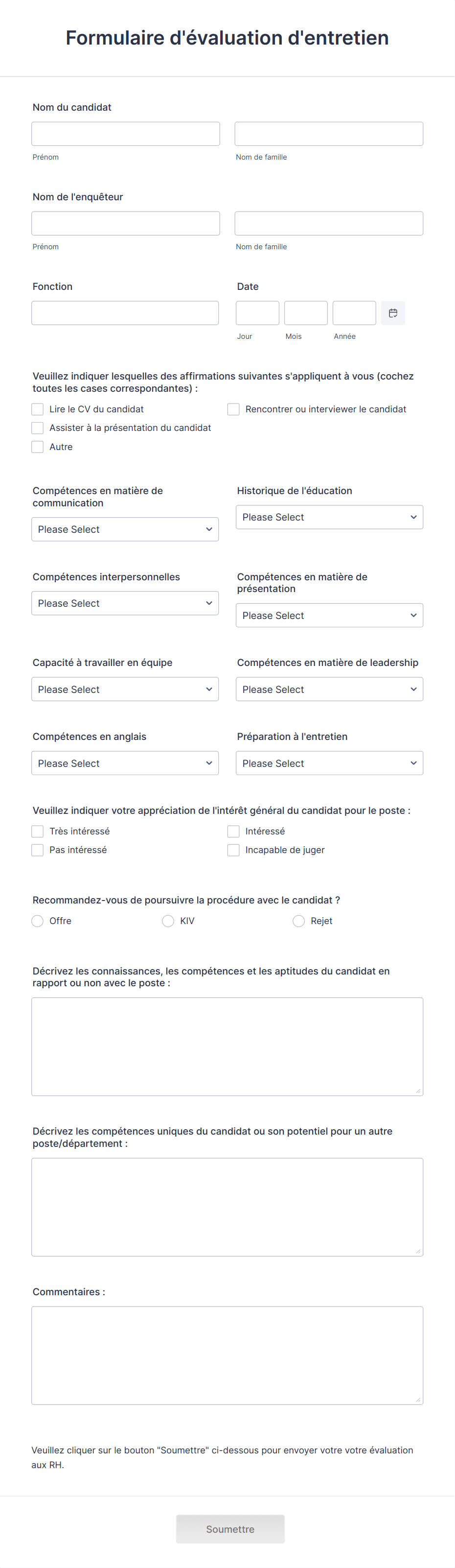 Formulaire D'évaluation D'entretien Modèle Du Formulaire 