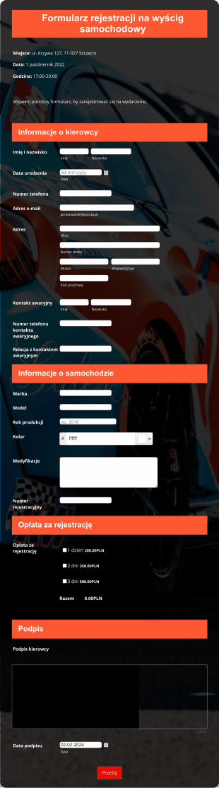 Formularz Rejestracji Na Wyścig Samochodowy Form Template