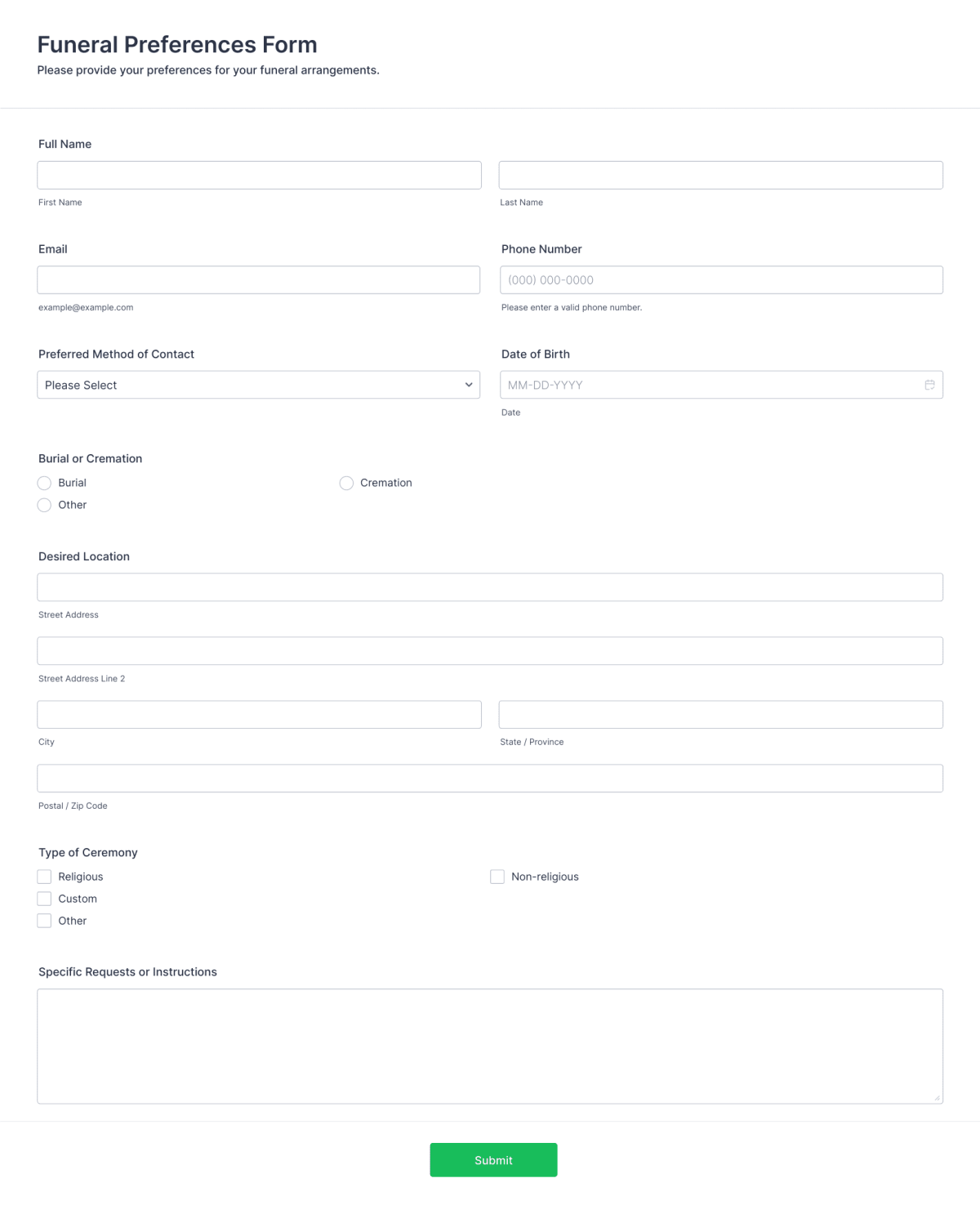 Funeral Preferences Form Template | Jotform