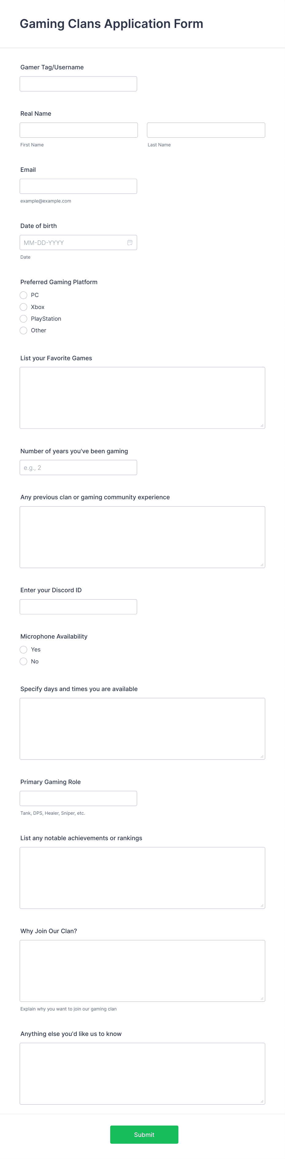 Gaming Clans Application Form Template | Jotform