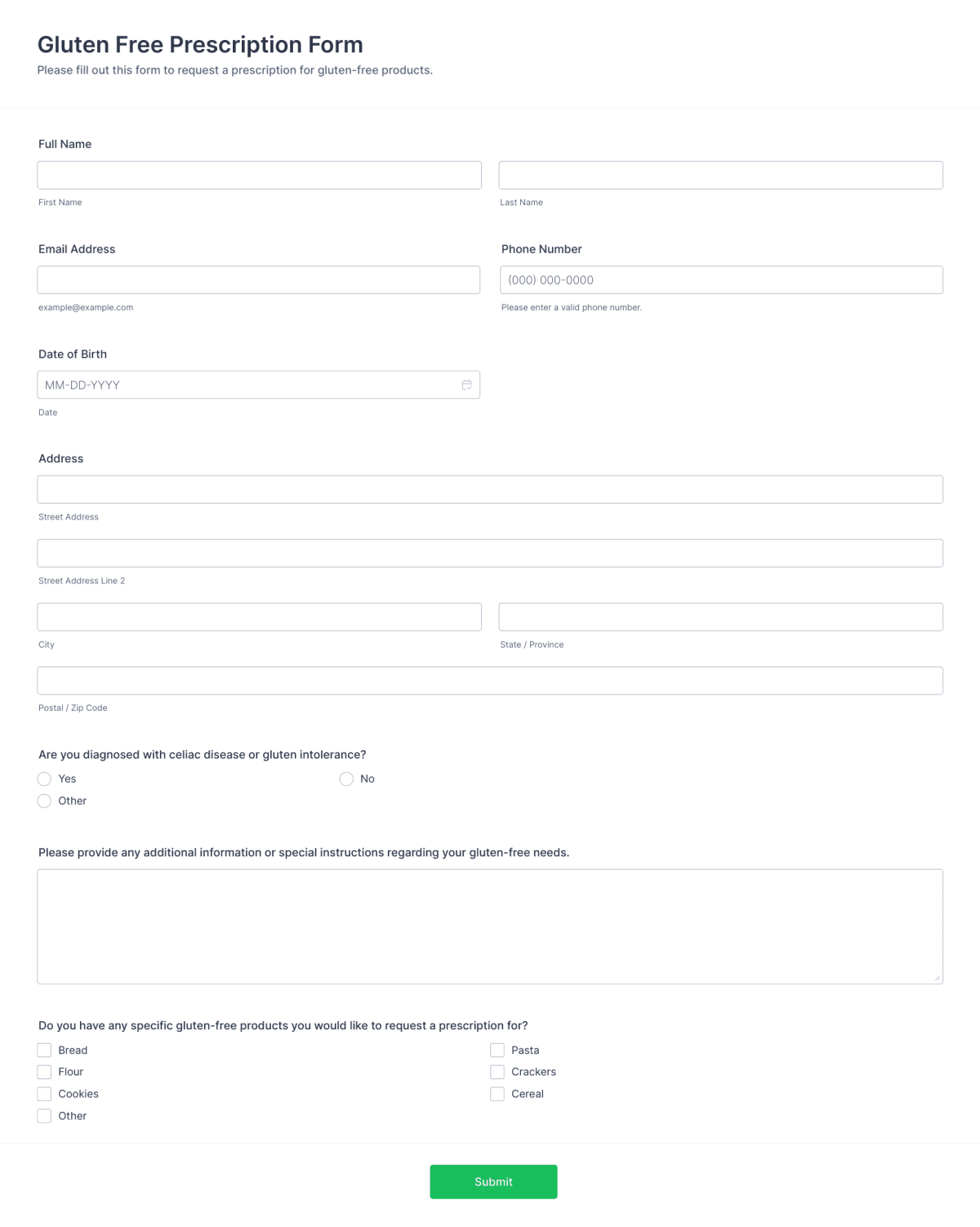 Gluten Free Prescription Form Template | Jotform