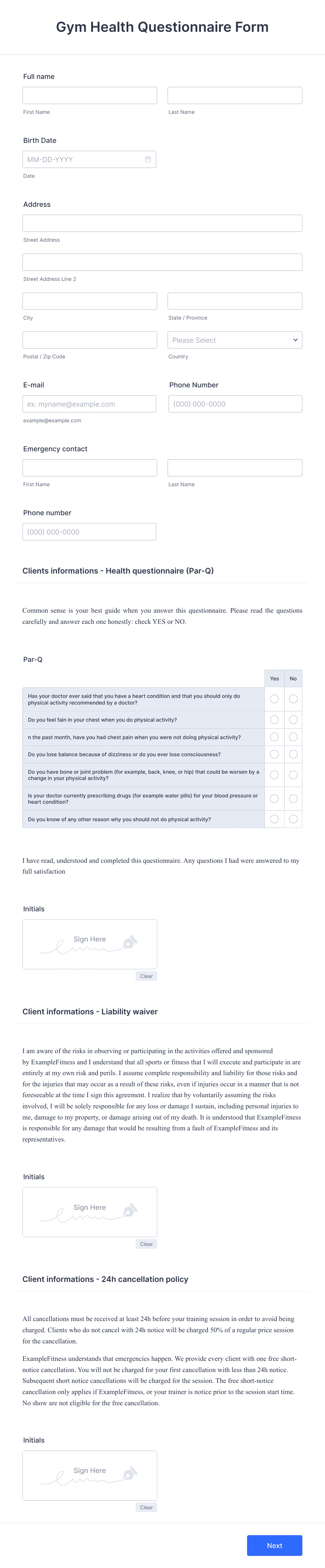 Gym Health Questionnaire Form Template | Jotform