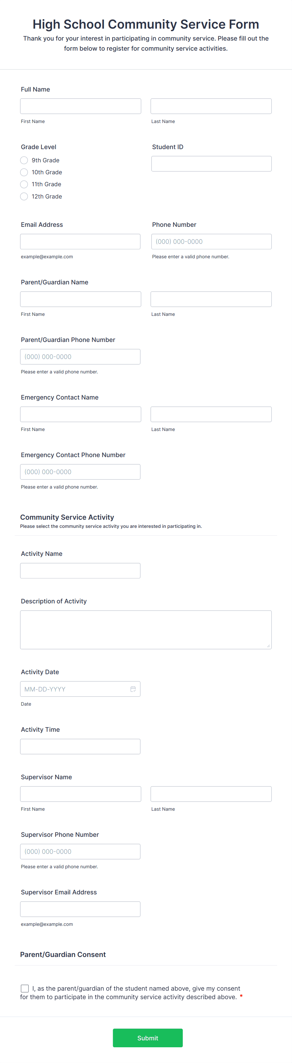community service form for school