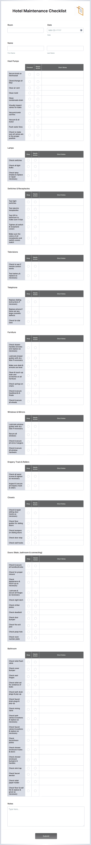 Hotel Maintenance Checklist Form Template