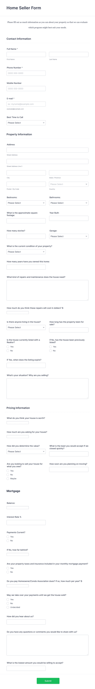 House Seller Form Template