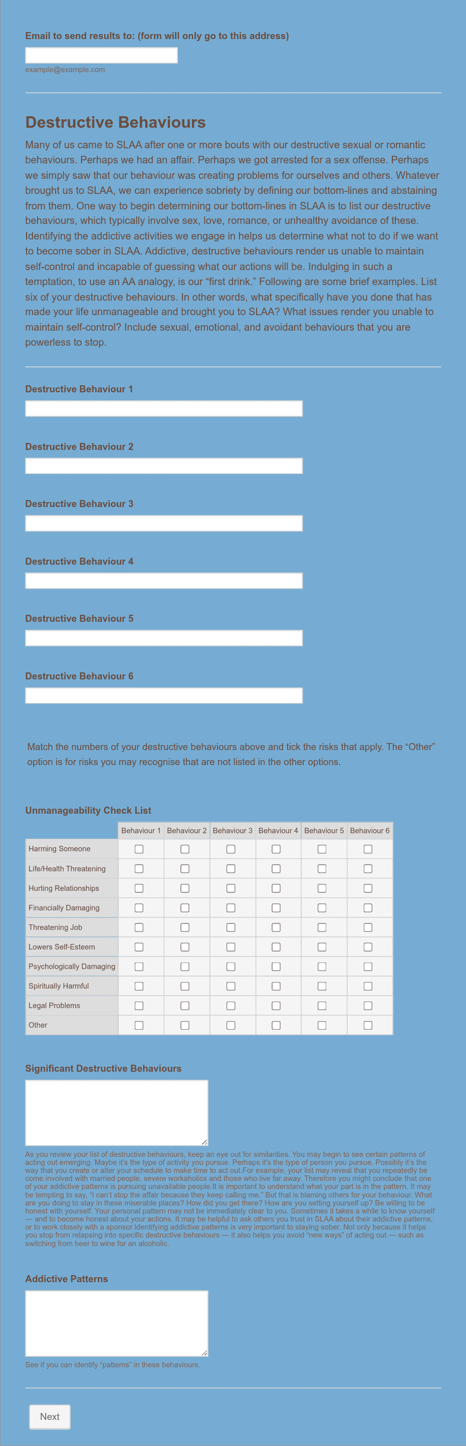 SLAA Recovery Questionnaire Form Template | Jotform