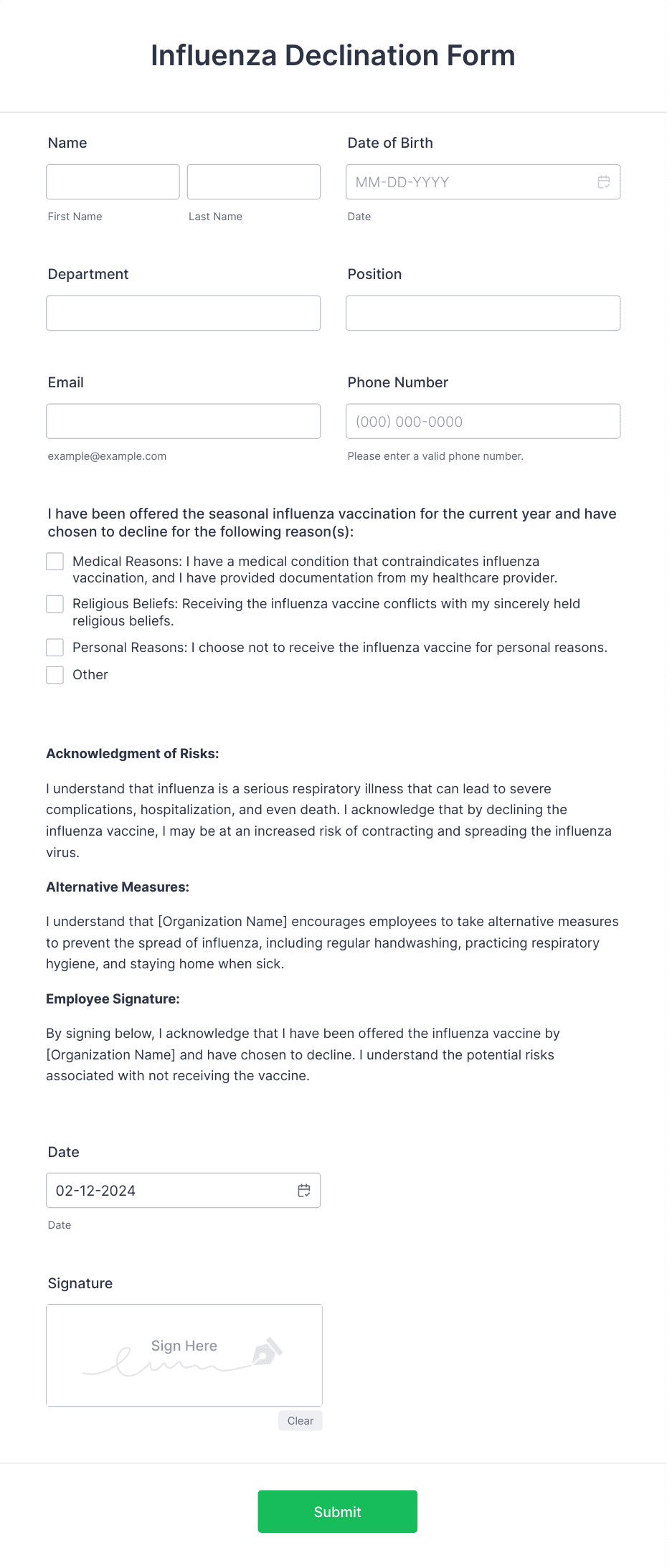 Influenza Declination Form Template Jotform