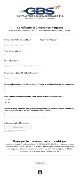 Insurance Certificate Request Form Template