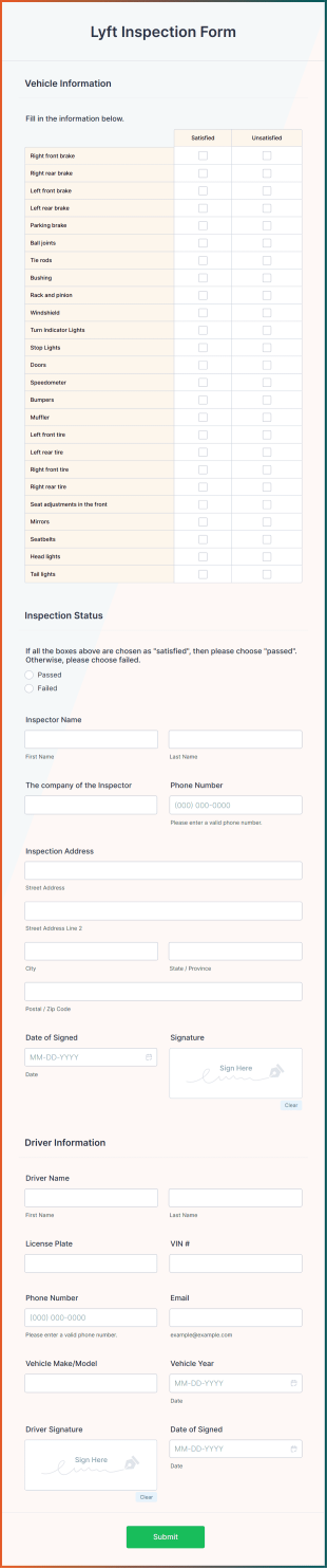 Lyft Inspection Form Template