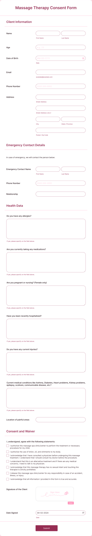 Massage Therapy Consent Form Template
