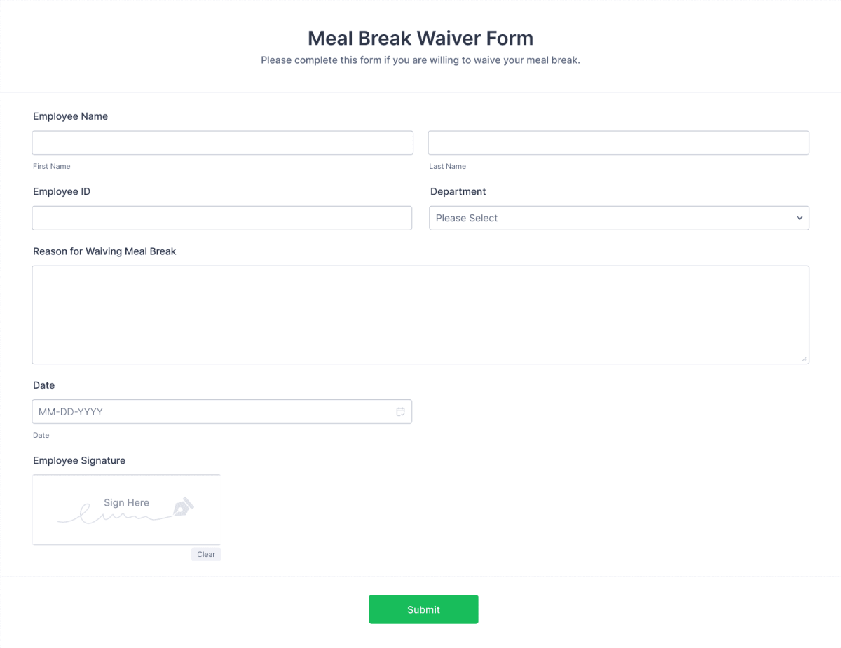 Meal Break Waiver Form Template Jotform