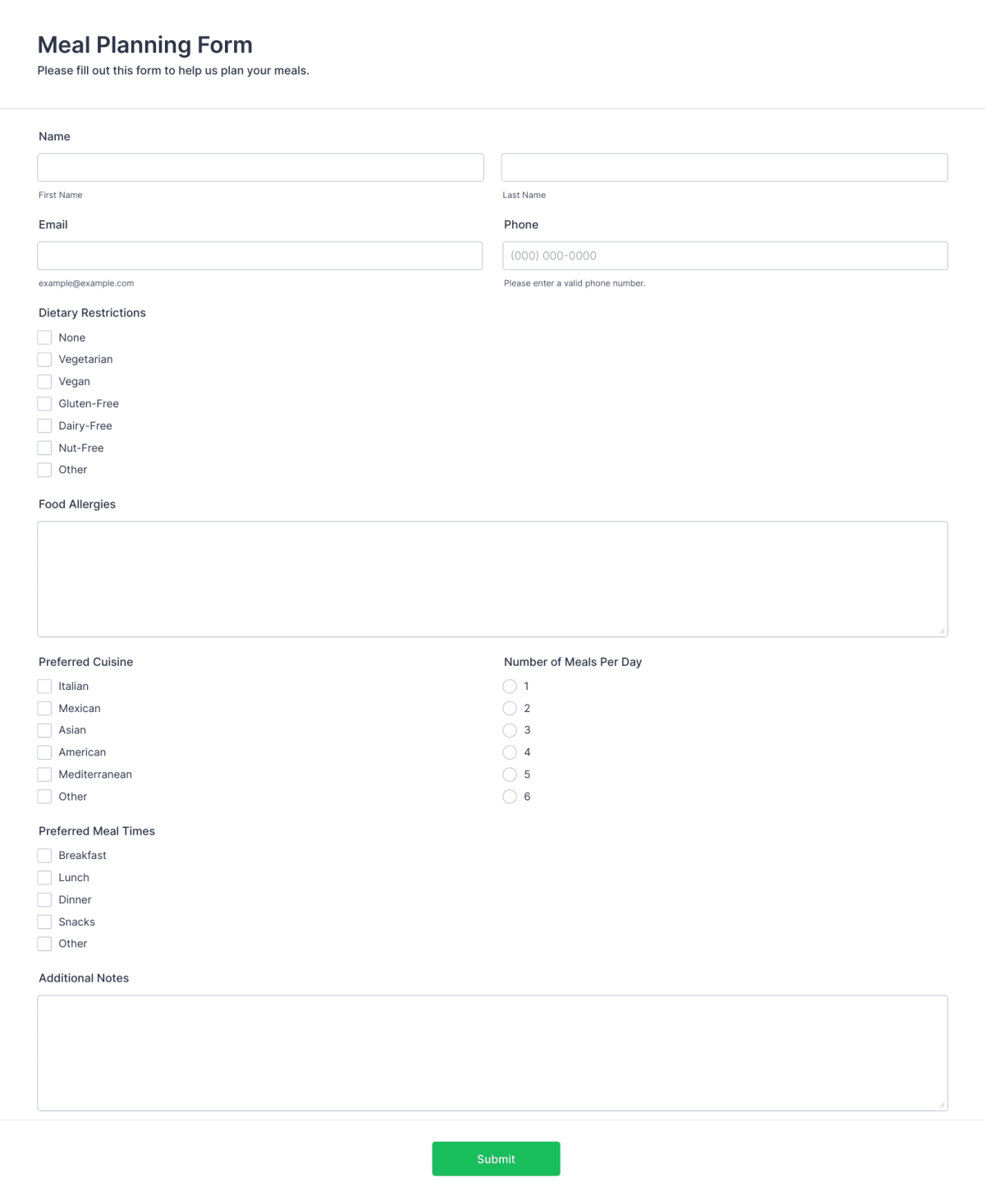 Meal Planning Form Template | Jotform