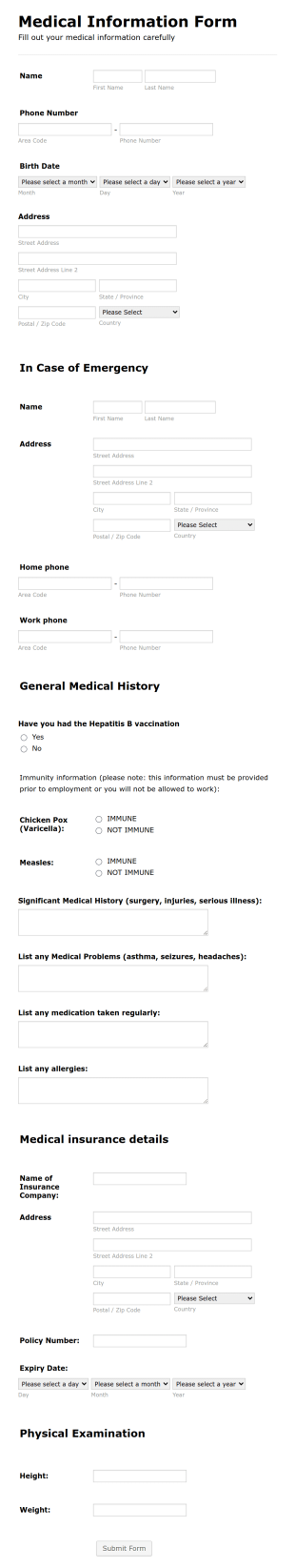 Medical Employment Information Form Template