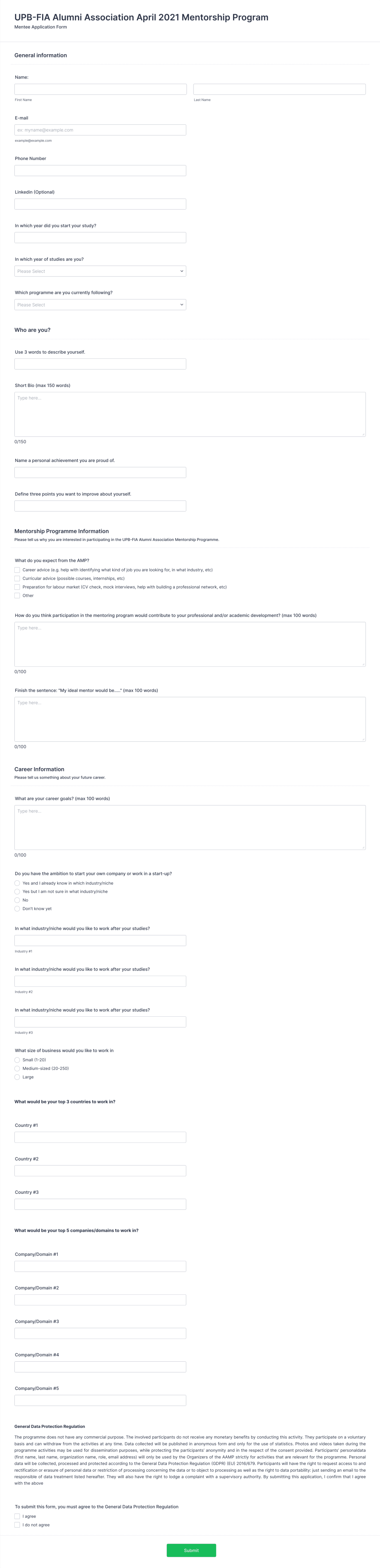 Mentee Application Form Template | Jotform