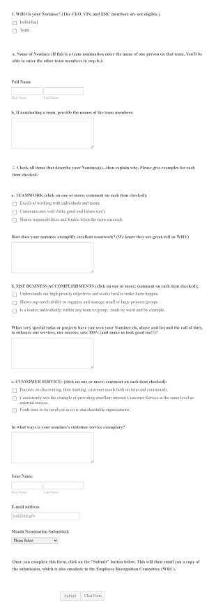 Employee Nomination Form Template
