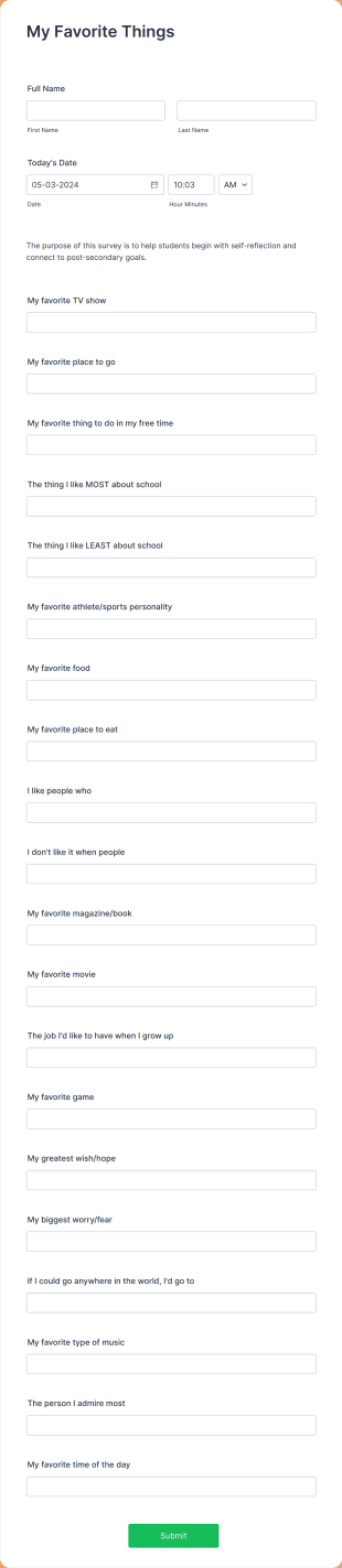My Favorite Things Questionnaire Form Template